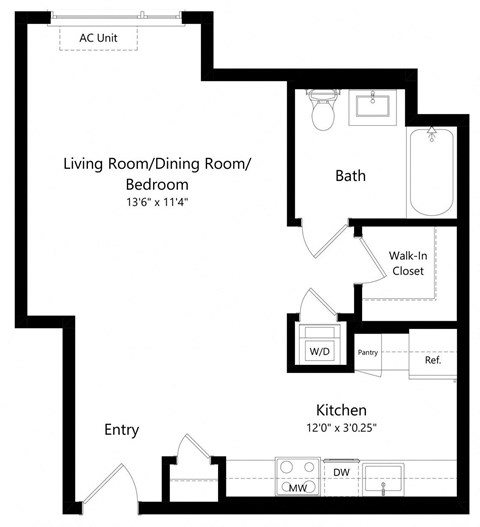 Floor plan for studio, 1 bath